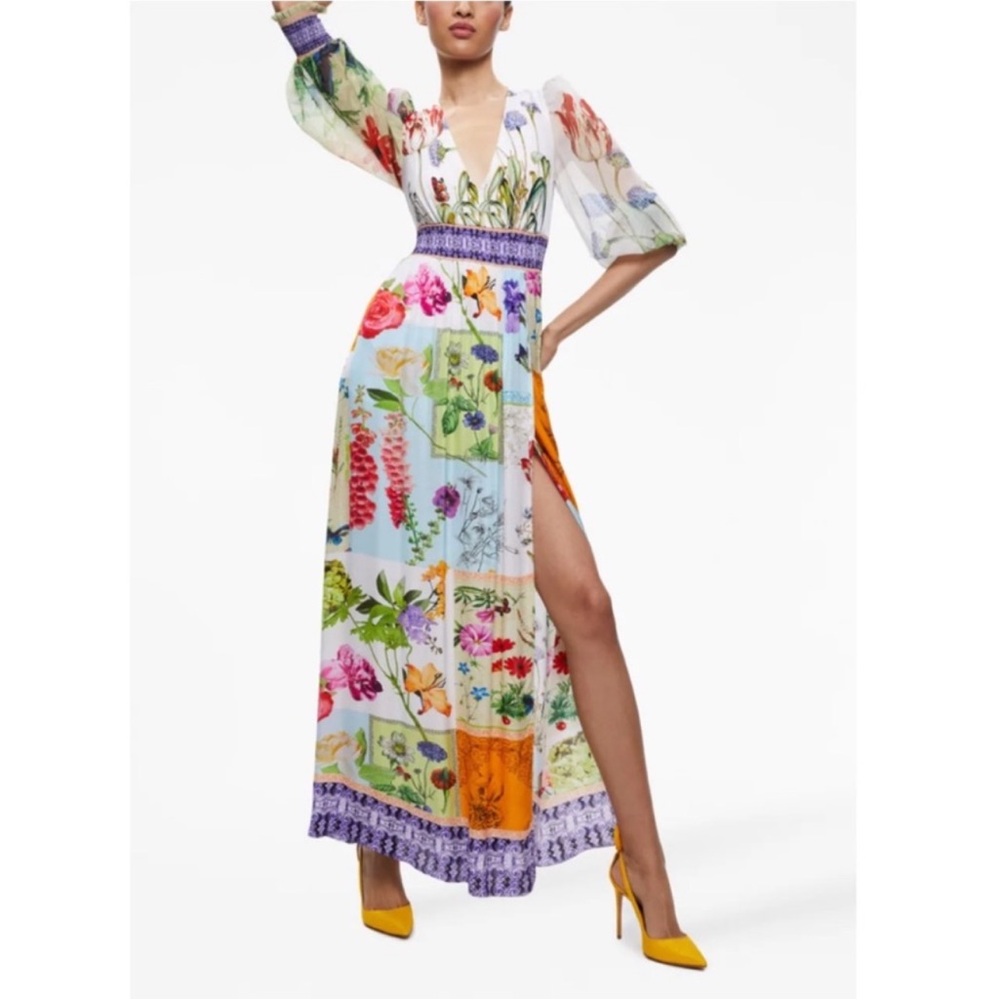 ALICE + OLIVIA BELLAMI FLORAL MULTICOLOR LONG PUFF SLV DEEP V* MAXI SIZE 2 DRESS